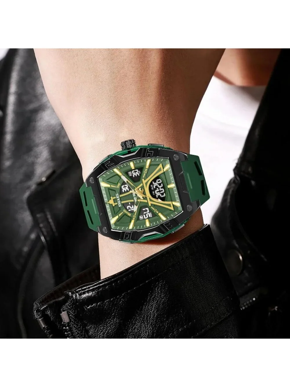 Men's Green Analog Quartz Waterproof Sports Classic Square LED Digital Watch